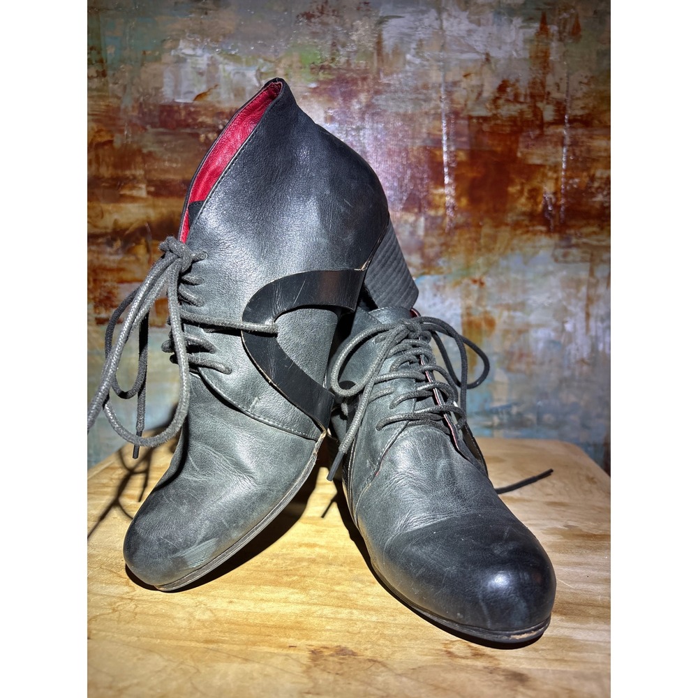 RARE Anthropologie CoupleOf Leather Lace Up Ankle Boots Round Toe Strap Detail - Picture 1 of 13